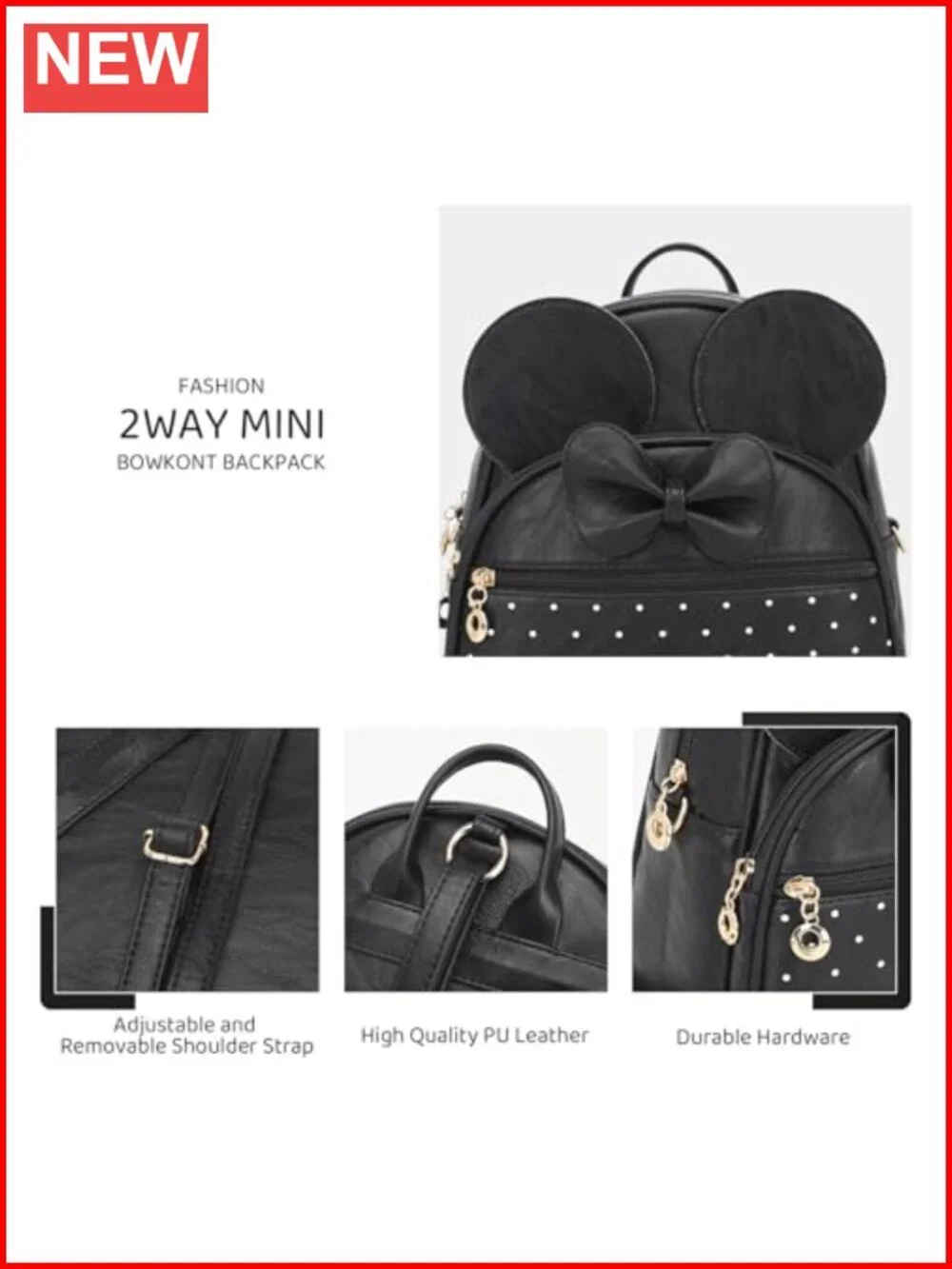 Mini Backpack Bowknot Polka Dot Cute Daypack Convertible Shoulder Bag Purse
